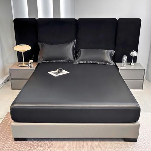 Nayoroom Spannbettlaken 200x200 cm Boxspringbett Schwarz Satin Bettlaken Glatt Entspanno Seide Glanzsatin Matratzenbezug Gummizug Matratzentopper Seiden Spannbetttuch für Topper Matratze bis Höhe 30cm