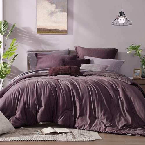 Monbix Queen Comforter Set - 7 Pieces Cationic Dyeing Italian Plum Bed in a Bag Queen Bedding Sets with Comforter, Sheets, Pillowcases & Shams, Reversible Bedding Comforters Sets