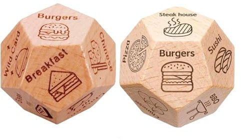 CHROMACRAFT Dadi con Motivi Alimentari da 2 Pezzi, Dadi dal Design Creativo, Dadi Poliedrici in Legno, Gioco Decisionale Alimentare