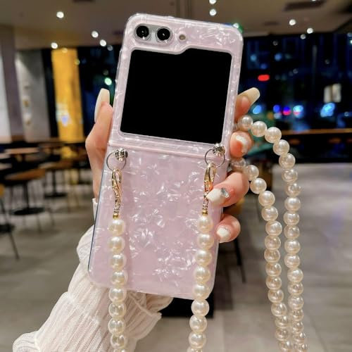 CIBOS Custodia a tracolla con catena di perle modello per Samsung Galaxy Z Flip 5 4 3 Flip5 Flip4 Flip3 5G, custodia con tracolla, rosa, per Galaxy Z Flip4