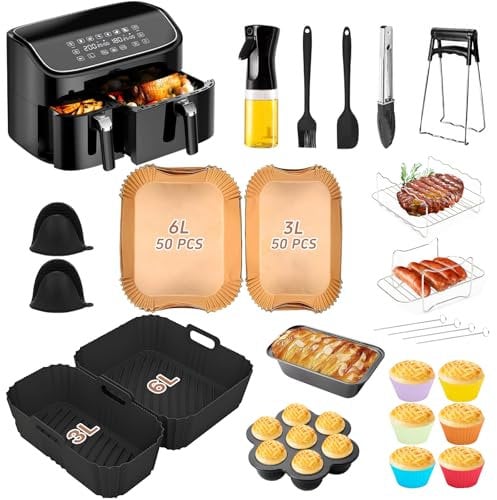 Prelisee 25 Pcs Silikonform Heißluftfritteuse Zubehör für Philips Airfryer Dual Basket 3000-serie 6L/3L, Einschließlich Airfryer Silikonform Zubehör,Grillrost,Silikonzange,Muffinbecher,Brotbackformen
