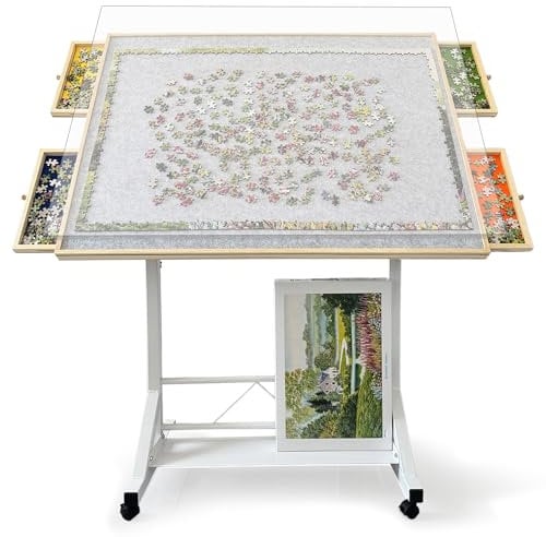 ZZJIHAI 1500 Piece Jigsaw Puzzle Table with Drawers，Adjustable Wooden Rotating Puzzle Board with Legs and Cover，Portable Large Movable Puzzles Tables with Wheels & Storage for Adults