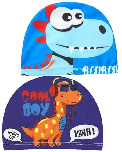 TPZORJX 2 Pezzi cuffia piscina bambino,Cuffie da Nuoto per Bambini Cuffia da Bagno in Poliestere Elastico Cuffie da Nuoto di Cartoon per Rragazzi e ragazze di età compresa tra 1 e 8 Anni