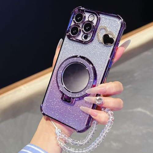 Ymyhyuxi Four Corner Anti Fall Soft Cases for iPhone 8 Case Glitter Bling Cover Phone Covers Mirror Bracket with Lanyard (Purple)