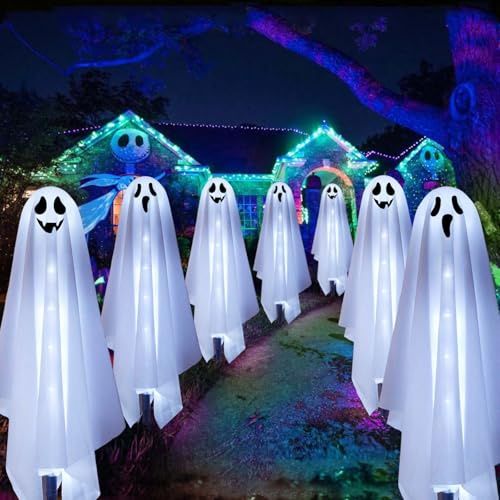 6 Stück Solar Ghost Stake Lights Halloween Dekorationen Outdoor Gruselige Garten Terrasse Grab Rasen Veranda Weg Lichter für Außen Hof Trick or Treat Halloween Party Dekor Kaltweiß