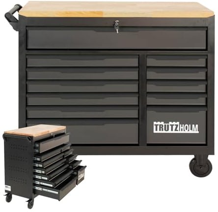 TRUTZHOLM Werkstattwagen Star XL 12 Schubladen unbestück Hartholz-Arbeitsplatte 103 x 112 cm mit Feststellbremsen, abschließbar Werkzeugwagen (schwarz/Anthrazit)