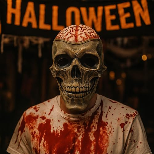 Nexoria Halloween Masken Horror, Totenkopf Maske mit Beweglichem Kiefer Gruselige Latexmaske Halloween Gehirnblume Maske Männer Totenkopfmaske halloween Deko Gruselige für Cosplay Party