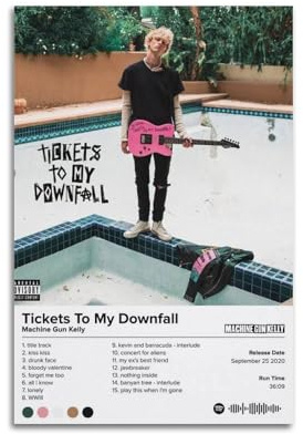 SAHDU I REWNRN Machine Gun Kelly-Poster, Tickets To My Downfall, ästhetische Wandkunst, dekoratives Gemälde, Poster, Dekoration, Vintage-Leinwand für Wohnzimmer, Schlafzimmer, 30 x 45 cm, ungerahmter