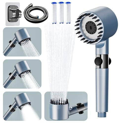 Pommeau Douche Anti Calcaire Haute Pression, Pommeau de douche avec Filtre Economie Deau, 3+1 Types de Jets Douchette Douche Salle de Bain avec Bouton D'arrêt D'eau,avec Tuyau1.5M et Support,Bleu