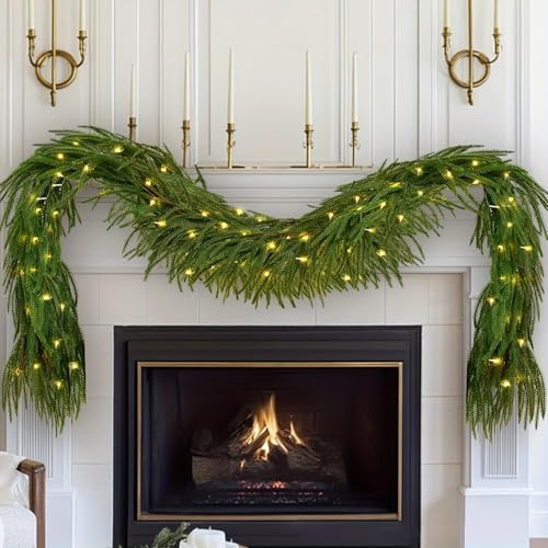 Künstliche Kieferngirlande mit LED-Lichtern, batteriebetrieben, Weihnachtsdekoration für Tür, Kaminsims, Wand, 1,8 m / 2,7 m, realistische grüne Girlanden für Weihnachten, Urlaub, festliche