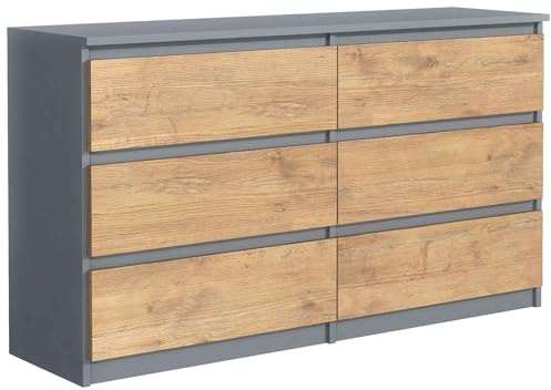Masseno Kommode NUDO 120 cm Sideboard mit 6 Schubladen und Türen für Wohnzimmer Schlafzimmer Modern 120x39x78,5 cm Anthrazit/Eichefarben