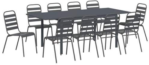 Keeushr Garten-Esstischgruppe 11-teilig Anthrazit ausziehbar pulverbeschichteter Stahl, Essgruppe für 10 Personen, Tisch manuell von 140 auf 211,5 cm verlängerbar, Sitzkissen