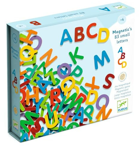 DJECO 83 Lettres Magnétiques en Bois pour Apprentissage de l'Alphabet dès 4 Ans - Utilisation sur Frigo - Éducatif et Amusant - Couleurs Vives - Durabilité - 3cm de Hauteur - Ecriture et Lecture
