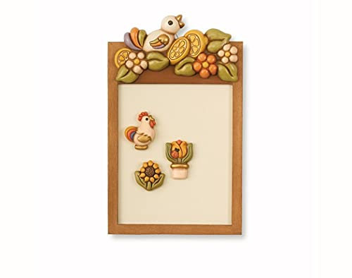 THUN® - Lavagna Magnetica Piccola da Parete con 3 Calamite: Tulipano, Gallo e Girasole - Ceramica e Legno - Linea Country