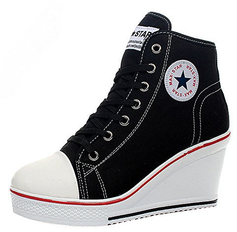 Padgene Zapatillas Moda de Lona Zapatos Altos Tenis Deportivos Casual Calzado Canvas para Mujer con Cordones y Cremallera Lateral, negro, 38 EU