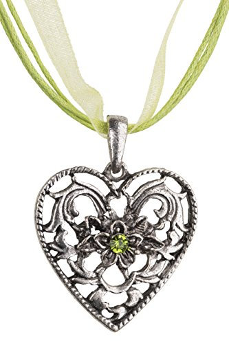 Trachtenkette Herz-Barock mit grossem Herz Strass und Edelweiss - Trachtenschmuck Anhänger Kette für Dirndl, Lederhose und Oktoberfest viele Farben (Grün)