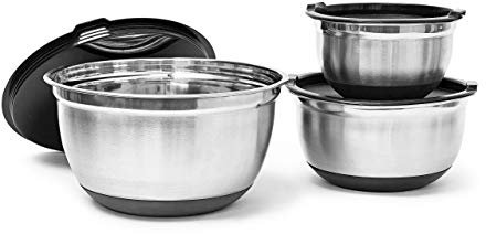 Relaxdays Bol en acier inoxydable lot de 3 avec couvercle et fond anti-glissement Saladier plat creux bol mélangeur protection arômes et saveurs, noir-argenté - Diamètre 17,5 / 21 / 25,5 cm