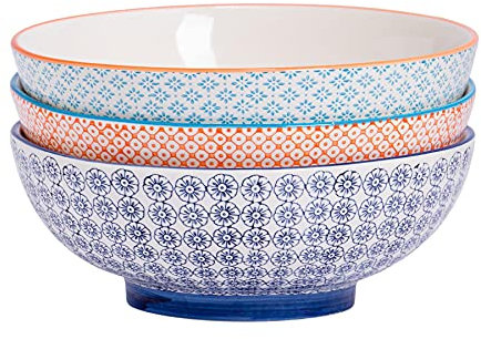 Nicola Spring Fruit and Salad Bowl - 3 Colours - 30cm - Pack of 3 - Hand Printed Floral China Large Bowl Serving Bowls for Fruit, Dessert, Salad, Noodles, Soup, Pasta, Snacks