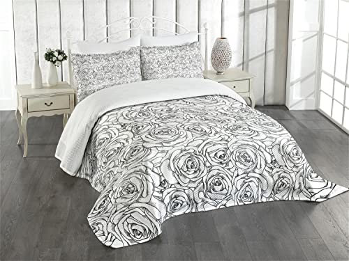 ABAKUHAUS Schwarz und weiß Tagesdecke Set, Rosen-Blumenstrauß, Set mit Kissenbezügen Sommerdecke, für Doppelbetten 264 x 220 cm, Weiß und Schwarz