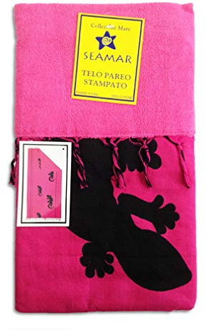 Telo Mare Fouta Pareo Doppio Gechi Etnico 90x170 cm con Frange 100% Cotone Sopra 100% Spugna Sotto (Fucsia-Nero)