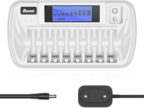 BONAI Akku Ladegerät 9 Slot LCD Batterieladegerät Universal Akkuladegerät Intelligentes Battery Charger mit Entladungsfunktion für AA/AAA/9V Block NI-MH NI-CD Wiederaufladbare Batterien