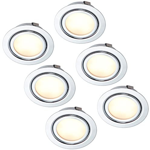HCFEI 6er Set LED Slim Möbel Einbaustrahler | Chrom glänzend | 230V 3W | Warmweiß 3000K | Bohrloch: 55-60mm - Außendurchmesser: 73mm - Einbautiefe: 25mm | 15cm Anschlusskabel