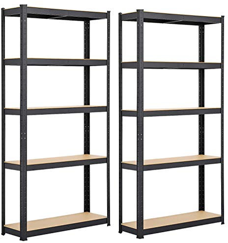 Yaheetech 2 Scaffali/Scaffalatture Metalliche da Garage 180 x 90 x 30 cm a 5 Ripiani in Acciaio Portata 175 kg per Ripiano Mensole da Cucina Magazzino Negozio Salvaspazio Neri