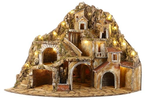 Holyart Dorf mit Brunnen und Licht neapolitanische Krippe, 75x105x80 cm