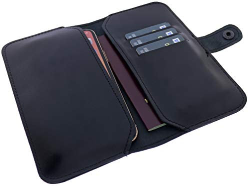 Burkley Echt Leder Handytasche Organizer mit Kartenfächer passend für z.B. iPhone XR/iPhone 11 / Samsung Galaxy A52 / A52s / S10 Plus / S20 Plus/Note 10 (Schwarz, XXL)