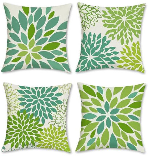 Bonhause 4er Set Kissenbezüge Blumen Grün 45 x 45 cm Dahlia Pinnata Geometrische Polyester Leinen Dekorative Kissenhülle Zierkissenbezüge für Sofa Schlafzimmer Wohnzimmer Zuhause Dekoration