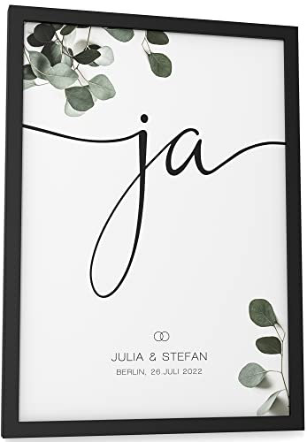 Papierschmiede® Personalisiertes Bild: JA Wort mit Namen, Datum und Ort | DIN A4 (21x30 cm) Bilderrahmen wählbar | Hochzeitsspruch, Personalisiert Bild Hochzeit, Paar Poster „Wedding Ja“