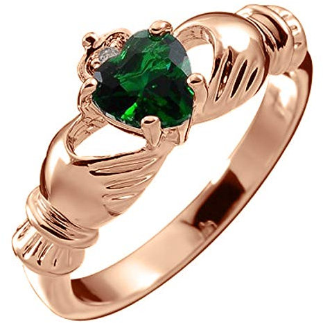 GWG Jewellery 18K Roségold vergoldetes Claddagh Liebesring mit Smaragd-Grünenherz Stein, Händen und Krone – 6 in Geschenkbox für Frauen