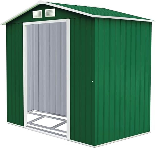 COSTWAY Metall Gerätehaus, 213x127x185cm, Gartenhaus inkl. Fundament, Geräteschuppen mit Schiebetür & Pultdach, Garten Schuppen Metallschuppen, Gartenschrank Geräteschrank Outdoor (Grün)