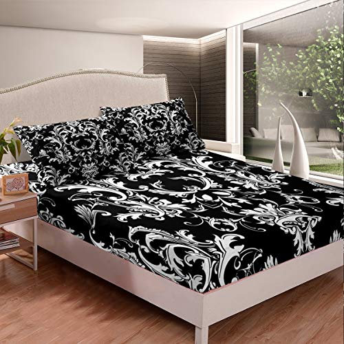 Loussiesd Mädchen Damast Muster Spannbetttuch Boho Damast Bettlaken einstellen für Frauen Erwachsene Schwarz Weiß Barock Stil Spannbettlaken 90x200cm Europäisches Muster 2St