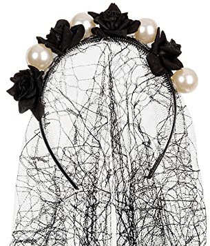 URFEDA Halloween Schleier Stirnband Brautschleier Kopfschmuck Halloween Haarband mit Schleier und Rose Stirnband Kostüm Accessoire Hochzeit Kopfschmuck für Karneval Cosplay Fotografie Party Perle