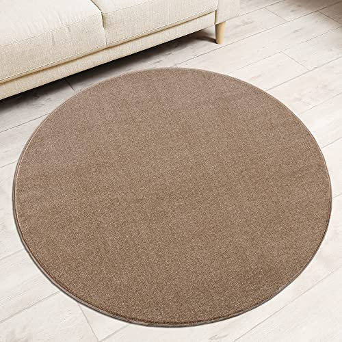 Impression Kurzflor-Wohnzimmerteppich - Schlichte Moderne Teppiche für Schlafzimmer, Büro, Flur, Küche, Kinderzimmer - Beige, 150 cm Rund