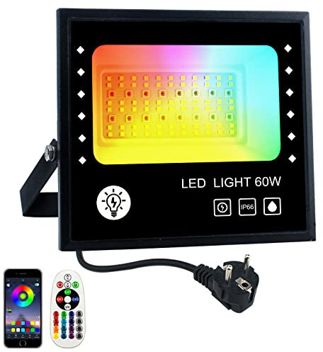 BOSITE Foco LED RGB Exterior, Focos Cambio de Color,Proyector LED RGBW,16 millones de color 28 Modos,IP66 Impermeable,Con APP y Mando a Distancia