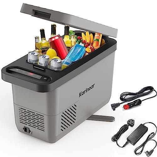 Karinear 16L Car Fridge Grey,12v Camping Fridge,Compressor Fridge Portable Plug-in Electric Cooler Box for Camping,Truck, RV, Boat, Picnic, Outdoor Travel/ -18℃-10℃