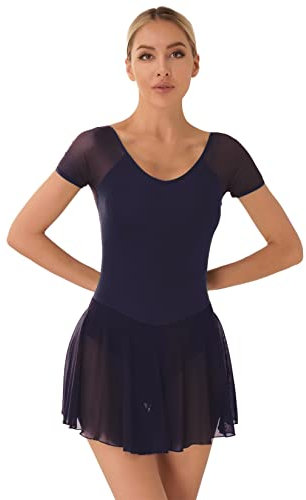 Runhomal Damen Ballettanzug Kurzarm Ballettkleid Tanzkleider V-Ausschnitt Ballett Trikot Turnanzug Rückenfrei Turntrikot Ballettkleidung Dunkelblau M