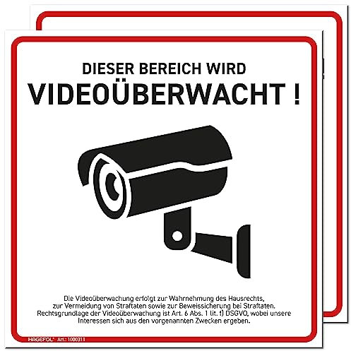 HAGEFOL® Schild Videoüberwachung, 2er Set, (15x15 cm - klein) mit DSGVO Hinweis, Kamera Warnhinweis für Überwachungskamera oder Kamera Attrappe (Hartschaum Weiß)