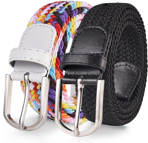 TANGCHAO 2 Stücke Stoffgürtel Stretchgürtel Elastik Flechtgürtel Geflochtener und Elastischer Dehnbarer Gürtel für Damen und Herren Breite 3.3cm Mehrfarbig+Schwarz 100cm