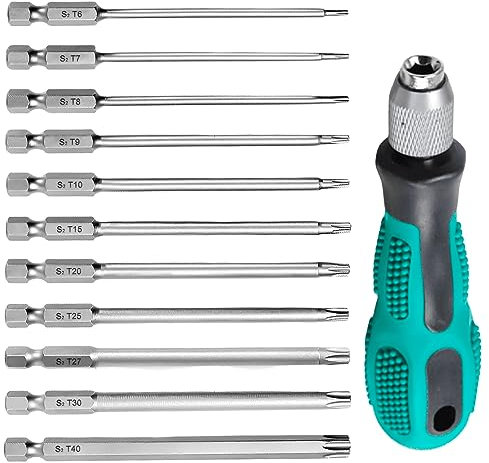 Juego de 12 destornilladores Torx, incluye destornilladores y 11 puntas Torx de 100 mm de largo, Torx T6 T7 T8 T9 T10 T15 T20 T25 T27 T30 T40 para tornillos de perfil T