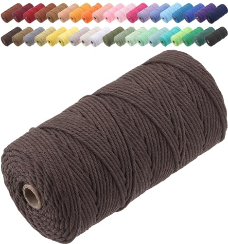 GOHOF Macrame Cord 3mm x 150m Premium Cotton Macrame Rope, 4 Strand Twisted Soft Cotton Cord, One of The Most Perfect Materials for Macrame Art, Cotton String Without Chemicals (Dark Brown)