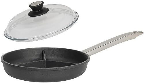 SKK 2-tlg. Aluguss Antihaft Pfanne Ø 28 cm - ohne Induktion - 3-geteilte Gusspfanne ideal zum Braten dreierlei Speisen & Glasdeckel - Made in Germany