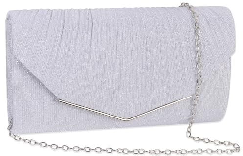Minicloss Damen Abendtasche Silber Clutch Damen Brauttasche Kettentasche Elegant Damen Satin Clutch Funkelnde Kettenabendtasche Elegante Umschlagtasche für Ball Hochzeit Party und Hochzeit