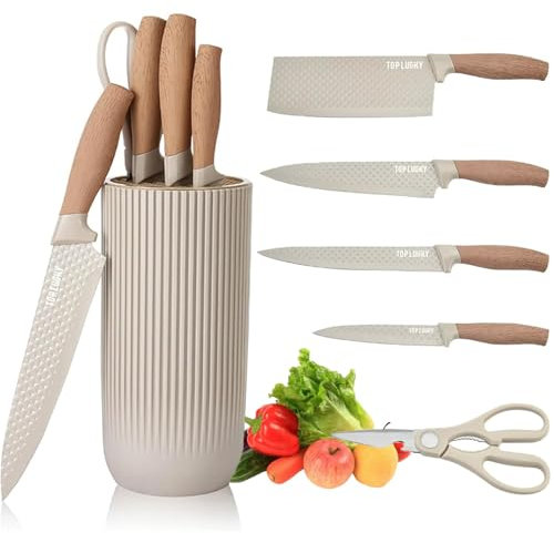 Wekity Juego de cuchillos de cocina, 6 piezas, color caqui, juego de cuchillos afilados para la cocina, antiadherente, antideslizante, de acero inoxidable, con bloque universal para cuchillos,