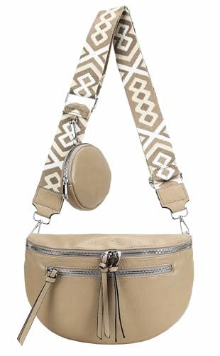 ITALYSHOP24 Damen Tasche Umhängetasche Brusttasche Muster Gürtel Bauchtasche Crossbody Gürteltasche Hüfttasche Crossover Bodybag Schultertasche Handytasche Leder Optik Taupe
