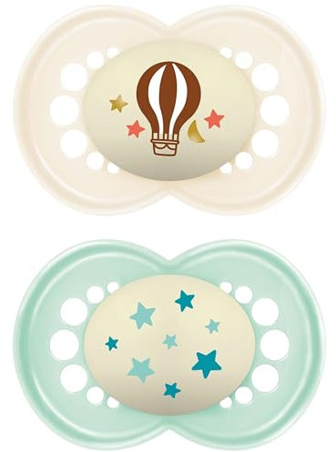 MAM Latex Original Night Schnuller | ab 16 Monaten | Glow in the Dark Schnuller | Lieferung in Sterilisator-Schnulleretui | Babyzubehör | Blau/Creme (verschiedene Motive)