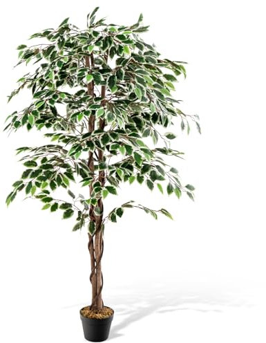 COSTWAY 4FT/5FT Artificial Ficus Tree, Outdoor Fake Ficus Plants with Plastic Pot, Lightweight Decorative Indoor Faux Floor Plant for Home Office Living Room (1, Green+Black, 5FT/1.6M)