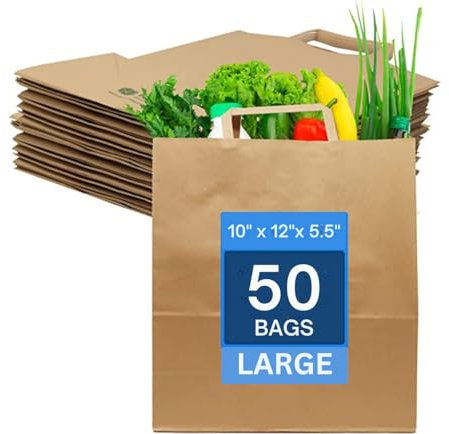 Paper Bags with Handles – 50 Large Brown Paper Bags (W10 x H12 x D5.5) Large SOS Kraft Bags – Perfect for Lunch, Party, Gift, Storage, Packaging, Cake, Grocery, Sandwich & Take-Out